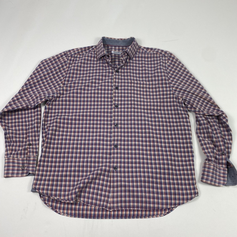 Tommy Bahama Shirt Mens Medium Purple Blue Plaid Long Sleeve Stretch Button Down